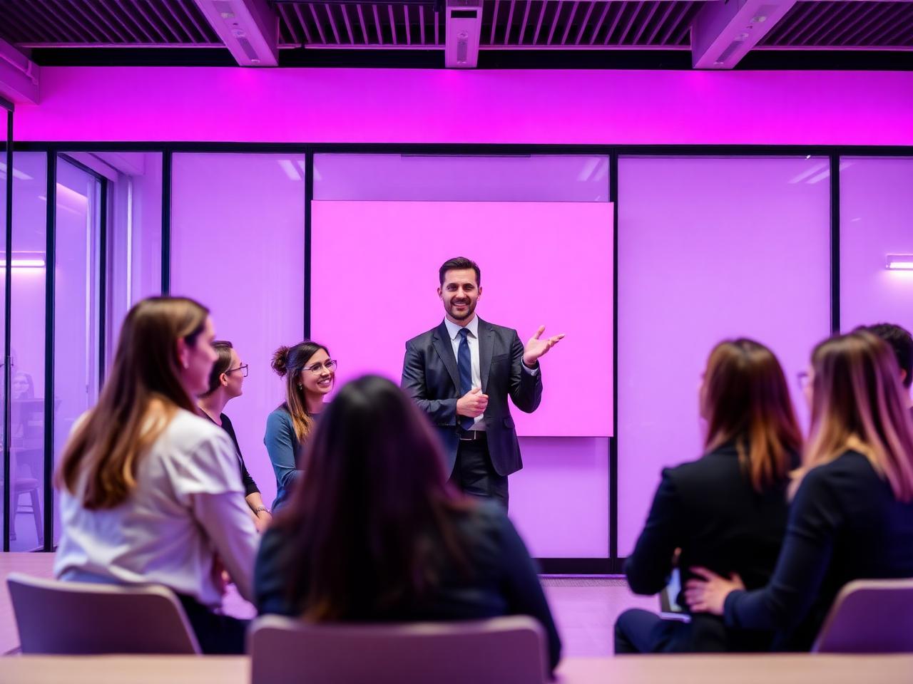 Consultora conduzindo um workshop de liderança com uma equipe